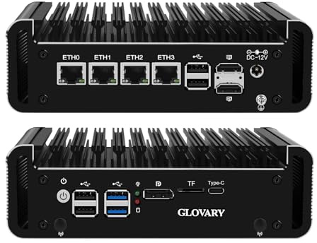 Glovary Mini Firewall PC N100 4 Core, 4 x i226V 2.5GbE LAN OPNsense Hardware, DDR5 8GB RAM 128GB SSD, Fanless Micro Computer Router Appliance, AES-NI, 2HD, DP, USB-C, 2 x NVMe, 2 x SATA3.0
