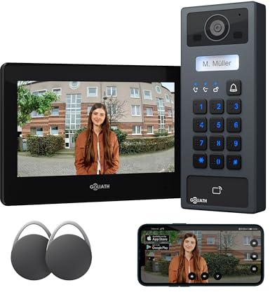 GOLIATH Basic 2-Draht Bus Video-Türsprechanlage, Full-HD, App-Steuerung, 7 Monitor in Schwarz, RFID & Keypad, 1-Familienhaus, Aufputz, AV-BLS-K-01S