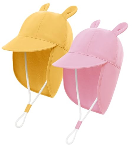 MK MATT KEELY 2-pack solhatt baby med nackskydd, sommarmössa, flickor, pojkar, UV-skydd, 50 skärmmössa, söt för 1–4 år, barn, Rosa + gul, 6-12 månader