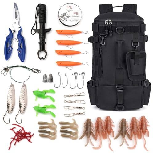 BONJUME Ensemble sac à dos de pêche 60 pièces, 15L (43 x 21 x 17 cm) avec Système MOLLE Kit avec Pinces Leurres Arrache-Hameçons et Pince à Bavette Équipement de Pêche Professionnel