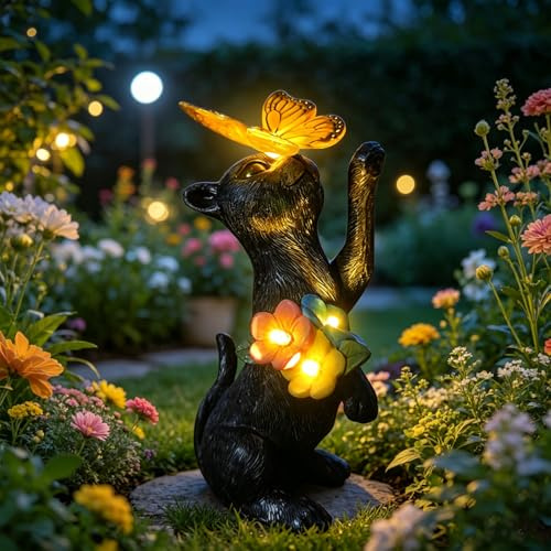 lifemet Solar Cat Statue Butterfly Light Weather-Resistant Outdoor Decor | Outdoor Garden Figurine Sculpture for Lawn Patio, Unique Birthday Gardening Gift for Women Mom Garden Lovers