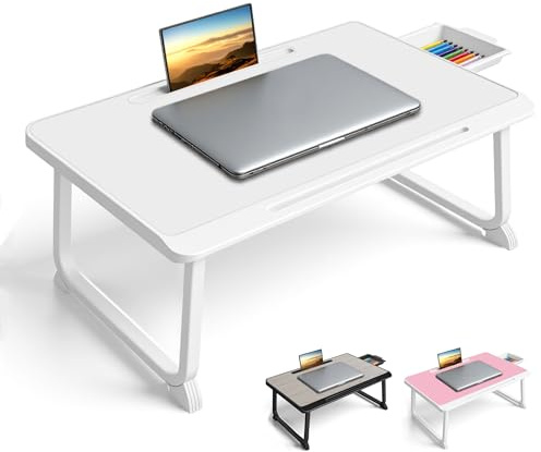 Planche de lit, Table de lit avec tiroir, pour Ordinateur, Lecture, Écriture, Repas et Regarder des Films sur Le Lit, Canapé ou au Sol, Bureau et Maison (White)