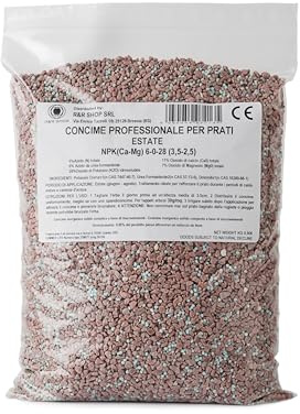 R&R SHOP - Concime Professionale CE per Prato, NPK 6-0-28, Effetto Immediato, Rinforza il Prato durante il Caldo Estivo (0.9Kg – 30mq)