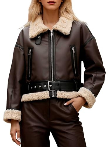 Duohropke Giacca in pelle da donna, foderata, calda, in ecopelle, fodera interna invernale, con fodera in orsacchiotto, giacca da moto con chiusura lampo, giacca da bomber corta
