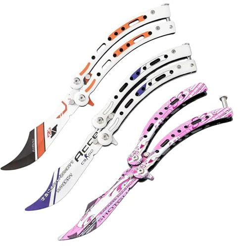 Ensemble d'entraînement de couteaux papillon GOEDCH en acier inoxydable (3 pièces) : couteaux papillon d'entraînement avec lames émoussées de sécurité, couteaux balisong légaux - manche incurvé pour l