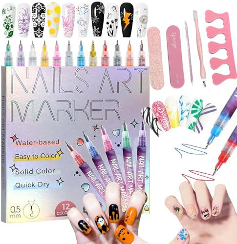 12 Colors Nail Art Pens Set，DIY Quick Dry Graffiti Dotting Point Liner Pens, 3D Nail Polish Pens for Painting, Nail Art Markers For Gel Nails，Nails Art Drawing Tool (1 Set)
