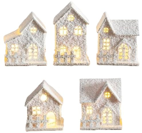 5 pièces/Ensemble Maisons de Village de Noël avec LED décorations Village Noël en Bois rempli Neige Ensembles festifs scène d'hiver réalistes pour la décoration
