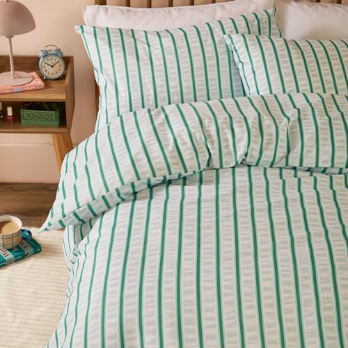 Duvet Day Hettie Duvet Cover Set – Reversible Ultra Soft Striped Seersucker Effect Bedding Set (Blue/Green - King)
