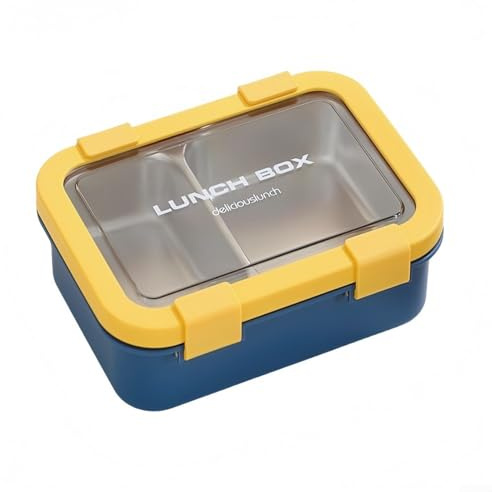 Lonchera de acero inoxidable con dos compartimentos a prueba de fugas con tapas seguras, bandeja apta para lavavajillas y cierres laterales para una separación fiable de comidas y frescura (amarillo)