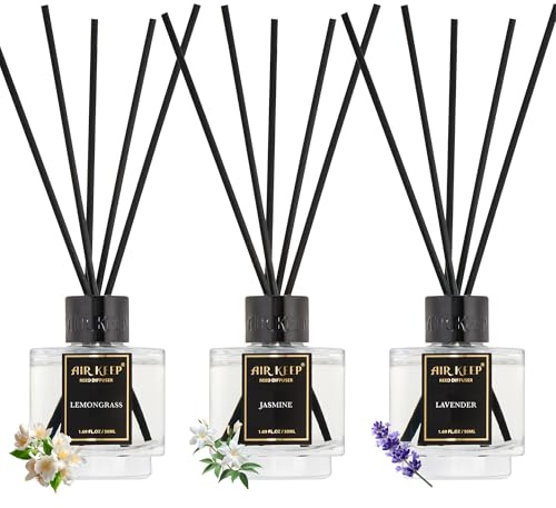 Airkeep Raumduft 50ml x3 – Lavender, Jasmine, Lemongrass – Duftstäbchen Set mit 24 Stäbchen – Lufterfrischer für Badezimmer, Wohnung, Heimdekoration