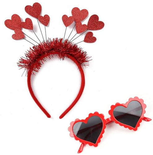 Herz Haarreif Wackel-Herzen Herzbrille Rot Wellenrand Amor Kostüm | Karneval Fasching Valentinstag JGA Deko Party, Haarschmuck Outfit Frauen, Liebe Accessoire Brille Sonnenbrille pink