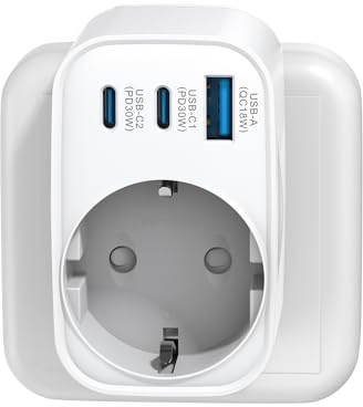 TOPADRE Steckdose USB C 30W Mehrfachstecker 4-Port Schuko Adapter 3680W | Steckdosenadapter 3680W Schuko + mit 2X USB-C & 1X USB-A mit Kindersicherung für Handy & Haushaltsgeräte, Kompakt Reisen