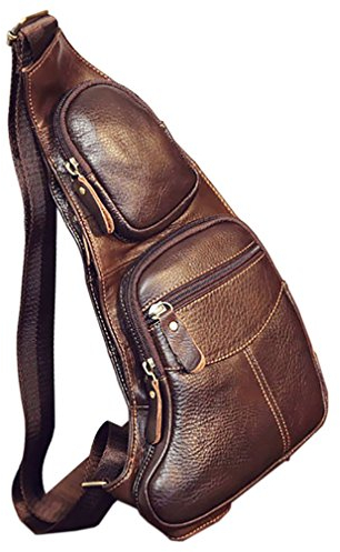 Xieben Leder Schultertasche Sling Brusttasche Crossbody Pack für Herren Damen Reisen Draussen Beiläufig Schulter Tasche Pack Rucksack Tagesrucksack Kaffee