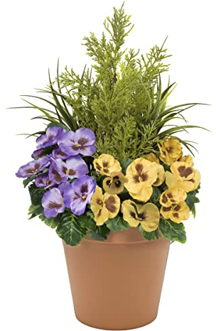 Artificial Purple and Yellow Faux Silk Pansies with Grasses/Conifer Topiary in a Terracotta Coloured Pot Patio Planter Ideal for Home, Patio, Garden Outdoor Living 60cm/23.5in