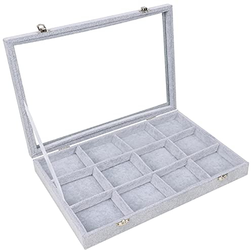 BELLE VOUS Jewelry Organizer Schmuckkasten Grau, Samt Box Glas Deckel & 12 Fächer – Schmuckaufbewahrung Stapelbar Schmuckschatulle Schubladen Verstellbar für Ringe, Ketten, Armband, Ohrringe, Uhren