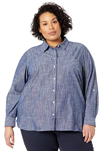 Tommy Hilfiger Women's Chambray Roll Tab Button Down Shirt, X-Large