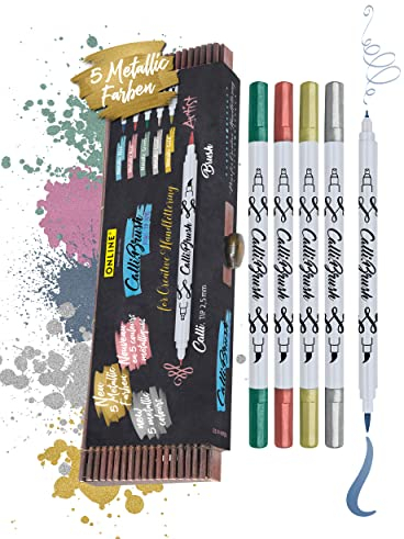 Online Brush-Pen Set Calli.Brush Metallic I 5 Double-Tip Pinselstifte mit Kalligrafie-Spitze & Pinselspitze I Ungiftige Handlettering Stifte für Kalligraphie, Bullet Journals & Co. I in Bambus-Etui