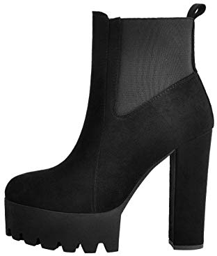 Only maker Bequeme elastische Plateaustiefel für Damen runde Zehe klobige High Heel Pull on Ankle Booties Black EU 43