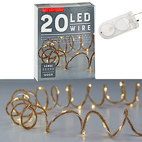 LED Lichterkette Mikro Draht auf Juteschnur | warmweiß L 120 cm mit 20 LEDs | Weihnachtsbeleuchtung Leuchtdraht | Dekolichterkette mit Batteriebetrieb (1 x 20 LED Lichterkette Juteschnur)