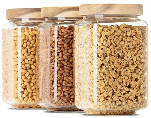Econovo Aufbewahrungsgläser eckig 900ml 3er Set mit Deckel, luftdicht | eckige Vorratsdosen aus Borosilikatglas mit Holzdeckel und Silikonring, ideal für Nudeln, Müsli und Kaffee