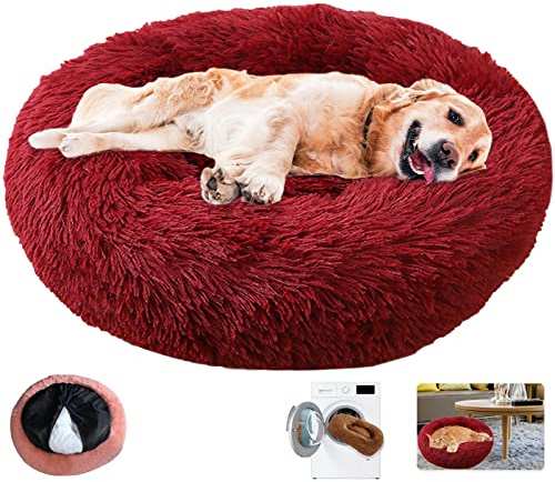 Hundebett Rund Hundesofa Beruhigende Flauschig,Plüsch Weich Donut Nest Hundekissen Katzenbett Waschbar Warm,mit Reißverschluss,Leicht zu Zerlegen,17 Farben- Red Wine|| 3XL-100cm/39.3in