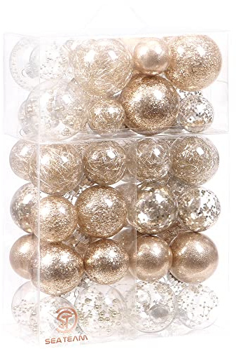 Sea Team Multi-Size Shatterproof Clear Plastic Christmas Tree Ball Ornaments Set, Decorative Hanging Transparent Xmas Baubles with Stuffed Delicate Decorations (48 Counts, Champagne)
