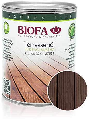 BIOFA Terrassenöl farbig 37531 Pflegeöl für Holzterrassen und Terrassen-Dielen aus Holz – Öl aus natürlichen Rohstoffen - Außenbereich (1L, Mooreiche)