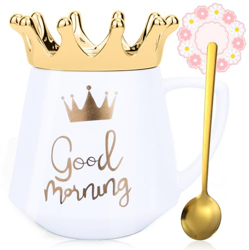 Arawat God Morgonmugg Med Lock Söt Mugggåva Med Krona Vitt Te Kaffemugg Med Sked Och Underlägg 350 Ml Keramisk Mugg Födelsedagspresent Till Kvinnor Flickor Mamma Flickvän