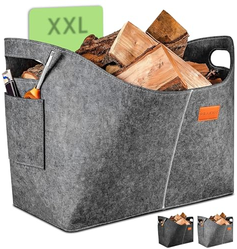 Praknu Borsa in Feltro per Legna Da Ardere - Grande - In Feltro Riciclato - Porta Legna per Interni - Cesta per Legna Robusta e Multiuso - Grigio