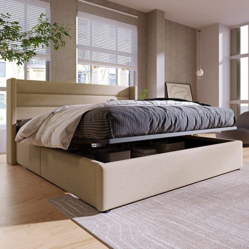 Merax Polsterbett 140 x 200cm, Hydraulisch Doppelbett mit Lattenrost & Bettkasten, Stauraumbett mit hohes Kopfteil, Metallrahmen, Leinen, für Erwachsene & Jugendliche, ohne Matratze, Beige