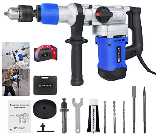 1080W SDS Rotary Hammer Drill Kit | 3-in-1 Drill - Drilling, Impact Drilling, Chiselling | 4 Joule Impact Force, 0-6 Gear Speed, 360° Rotation, Incl. 3 Drill Bits, Pointed & Flat Chisels, Case (Blue)