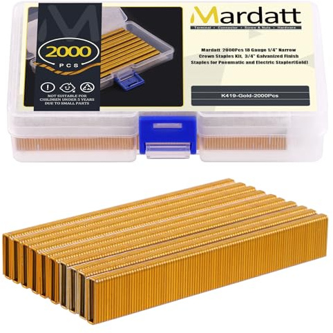 Mardatt 2000 Stück Druckluft Klammern, 5 x 20mm, verzinkte Oberfläche, strapazierfähig, schmale Heftklammern für pneumatische oder elektrische Heftgeräte, Goldfarben,
