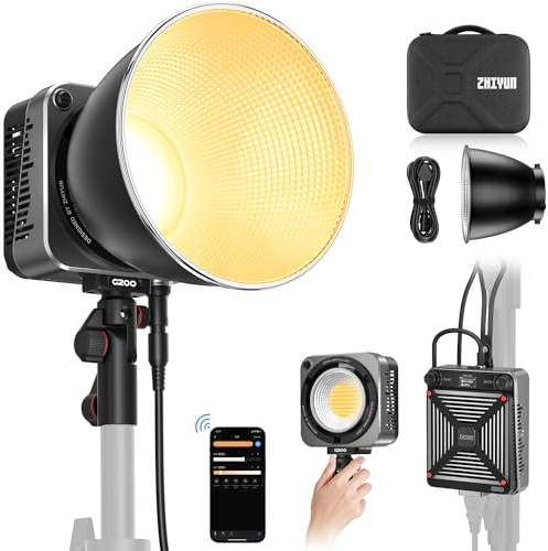 Zhiyun Luz de vídeo LED MOLUS G200 COB 200W Bowens Mount Luz de Salida Continua,Bi-Color 2700K-6500K,Luminosidad máxima 61500Lux con Reflector ZHIYUN,ZY Vega App Control para Fotografía de vídeo