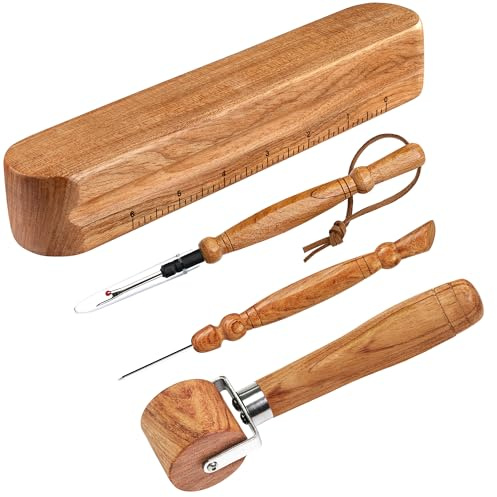 Savina Nähwerkzeuge aus Holz zum Nähen, Quilten, 4er-Set, Schneiderklöppel, Nahtrolle, Stiletto, Nahttrenner