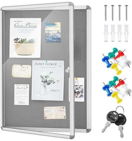 Geetery 36 x 24 Inch Enclosed Bulletin Board with Locking Door Fabric Cork Outdoor Bulletin Board Lockable Display Case, Tamperproof Aluminium Frame Noticeboard Wall-Mounted for School, Office (Gray)