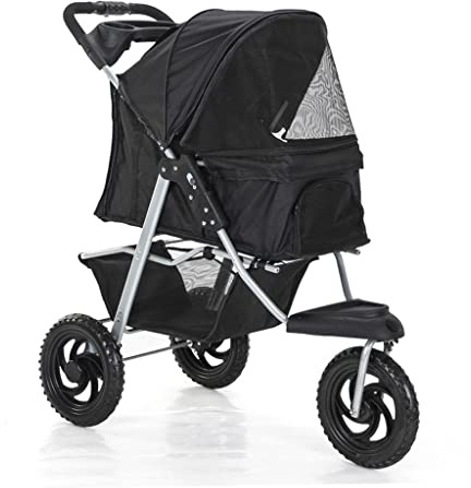 KITCISSL Hundvagn 3 Wheels Pet Barnvagn for katter/Hundar Pushchair Carrier, hundvagn for medelstora hundar med stora hjul, vikbar hund barnvagn med kopphållare, lastning 25 kg, Black