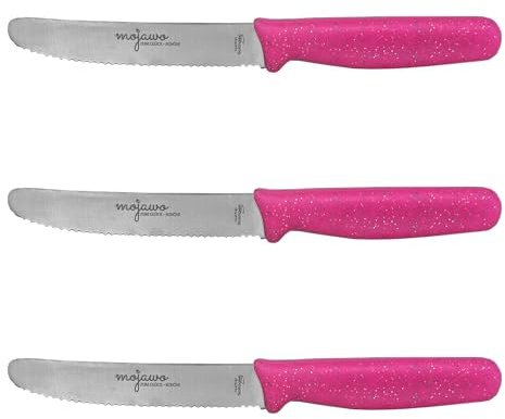 3 Stück Mojawo Scharfes Frühstücksmesser Tafelmesser Buttermesser Brötchenmesser Wellenschliff Rostfreie Qualität Solingen Pink