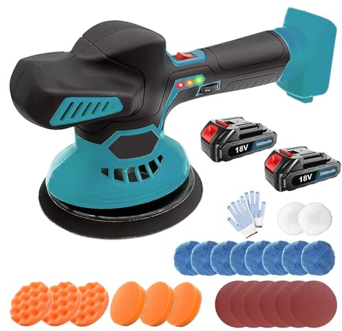 Lucidatrice a batteria, compatibile con Makita Bürstenlo, con batteria da 3000 mAh e caricatore, 125 mm per rimuovere vernice e malta, per lucidare, levigare