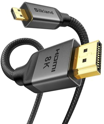 Silkland Cable Micro HDMI a HDMI 5M, [8K@60Hz, 4K@120Hz] de Nailon Trenzado, Admite 48Gbps, HDR y eARC Compatible con Raspberry Pi 5, 4, Cámaras, Hero, Portátiles y Televisores