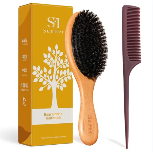 SunHer Boar Bristle Hair Brush - 100% Soft Boar Bristle Brush for Women Men Kids Restore Shine and Fine - Wooden Slick Back Hairbrush with Plastic Tail Comb for Short Thin Dry Hair