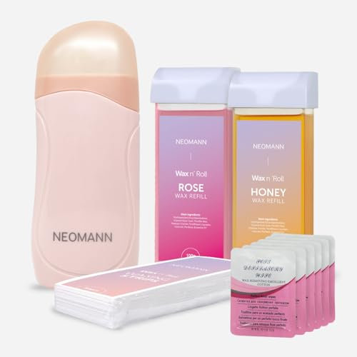 Wax n'Roll - Kit rullo per cera con 1 rosa e 1 ricarica di miele, 50 strisce, 6 salviette per la cura della pelle, scaldacera roll-on per una pelle liscia
