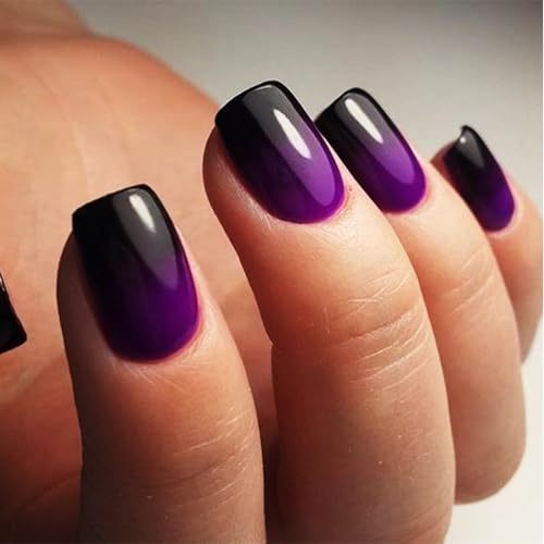 Goiern 24 Pcs Lila Press on Nails Kurz Quadratischer French False Nagel Hochglänzende falsche Nägel Designs Glänzend Lila Schwarz Stick auf Nägeln für Frauen und Mädchen