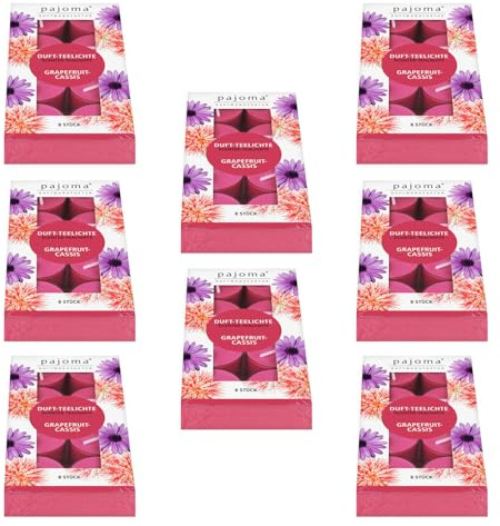 pajoma® värmeljus 8-pack, grapefruktcassis | 64 doftlampor i polykarbonatfodral, brinntid ca 4 timmar – höjd 1,5 cm ø 3,5 cm | premiumkvalitet | dekoration, gastronomi