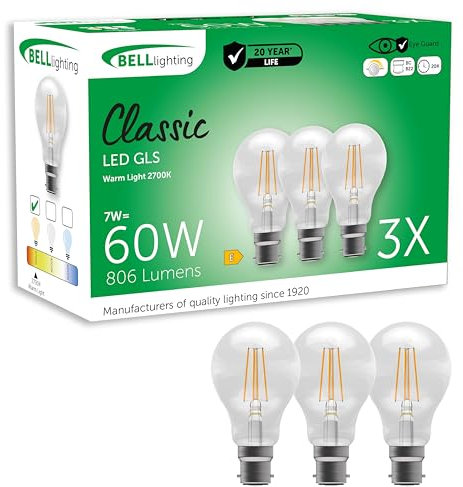 BELL Lighting B22 Bayonet Filament Dimmable Light Bulb LED GLS 3 Pack | Warm White 2700K | 810 Lumen 7W | Energy Saving GLS LED Light Bulb | 60W Lamp Equivalent