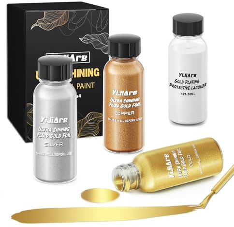 Flüssige Blattgold-Farbenset, alkoholbasierte metallische Goldfarbe, Hochglanz Gold, Bronze, Silber Blattgoldfarbe mit Klarlack, schnelltrocknende für Kunsthandwerk, DIY und Harzprojekte, 4 x 30 ml