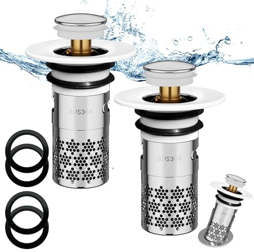 2 stycken Pop-Up Sink Plug, universal popup proppar tvättställ, rostfritt stål Tvättställsproppar, Dräneringsplugg, handfatsproppar, Nätpåse med filterkorg, för Badrumshandfat, badkar(34–40 mm)-Vit