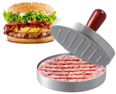 Dewocke Prensa de Hamburguesa de Aluminio, Molde Antiadherente para Hamburguesa, Ideal para Prensar Carne Picada y Uso en Barbacoa o Parrilla, 12cm, Incluye 50 Papeles de Hamburguesa
