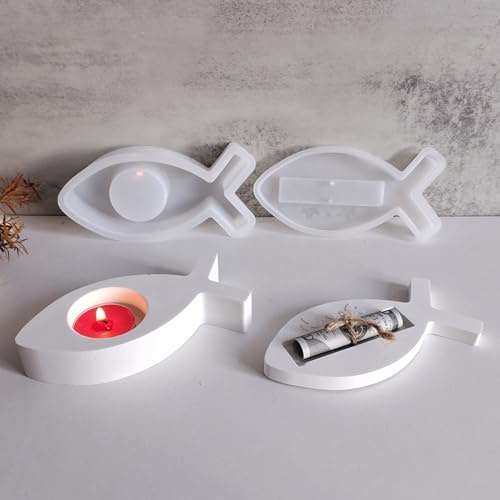 2 Stück Silikonformen Gießformen Fisch, Silikonform Fisch Kerzenhalter und Gießformen Silikon Geldgeschenk, DIY Fisch Silikon Gießform Kerzenhalter, Silikonform Teelichthalter für Kommunion Taufe Deko