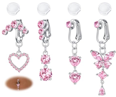 AVYRING 4 Pièces Bijoux de Piercing Nombril Faux, Clips Argentés et Dorés pour Femmes, en Acier Chirurgical 316L, avec Cœur, Papillon et Cristal CZ Rose