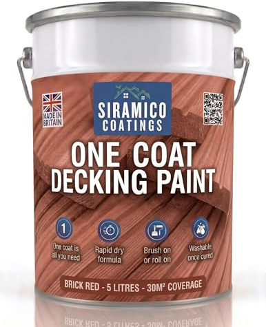 SIRAMICO COATINGS One Coat Anti-Slip Decking Paint | 5 Litres | 7 Luxury Colours I Mould & UV Resistant Formula | White - Grey - Sage Green - Black - Brick Red (Brick Red)